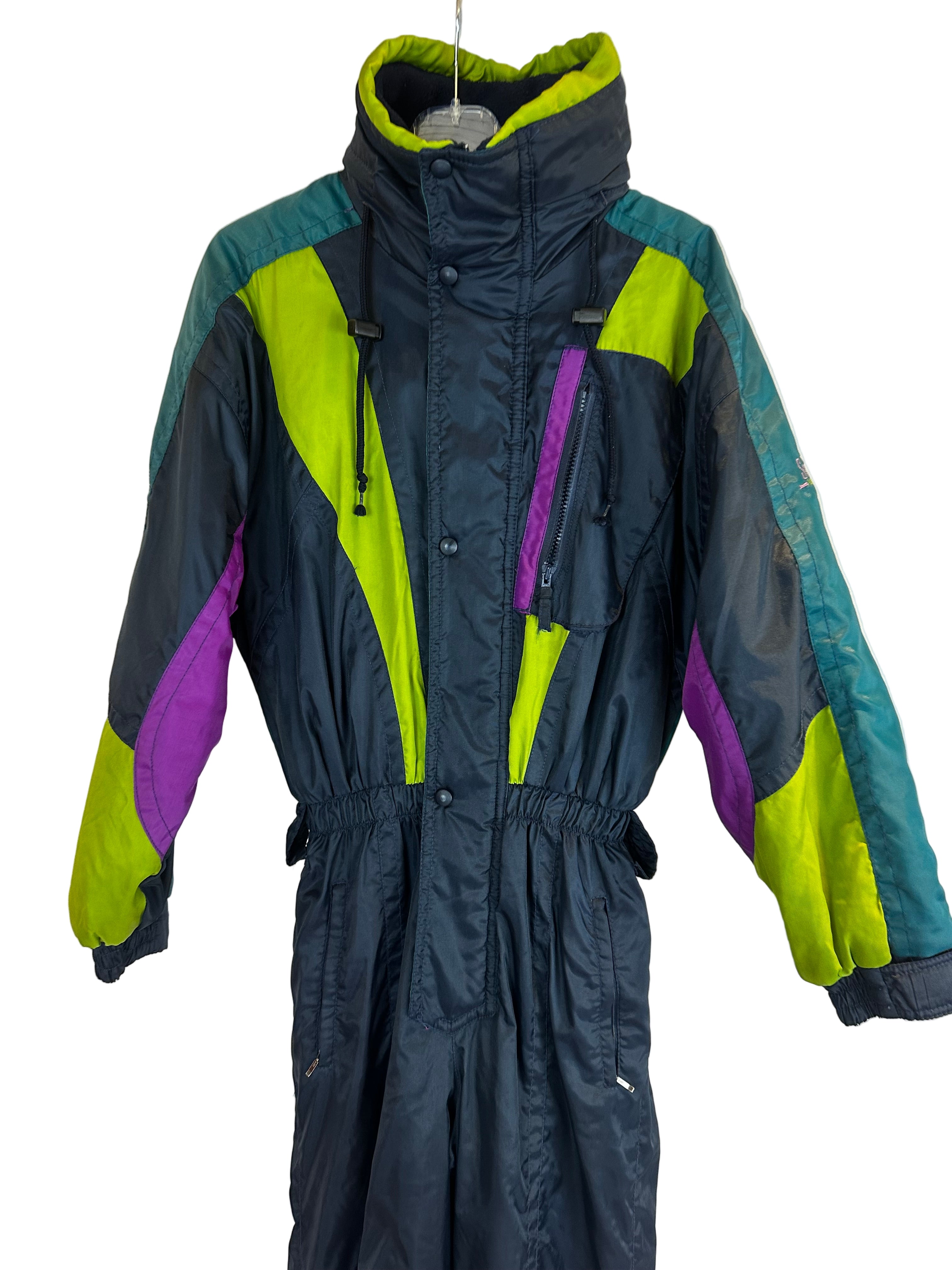 Vintage Skioverall in schwarz/bunt in S/M