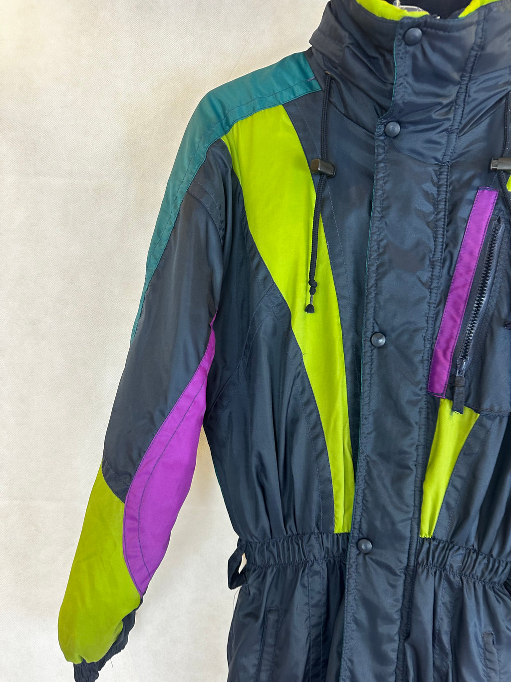 Vintage Skioverall in schwarz/bunt in S/M