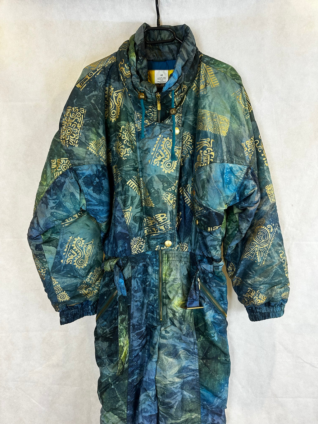 Vintage Skioverall von Dolominten in grün/blau mit Muster in S/M