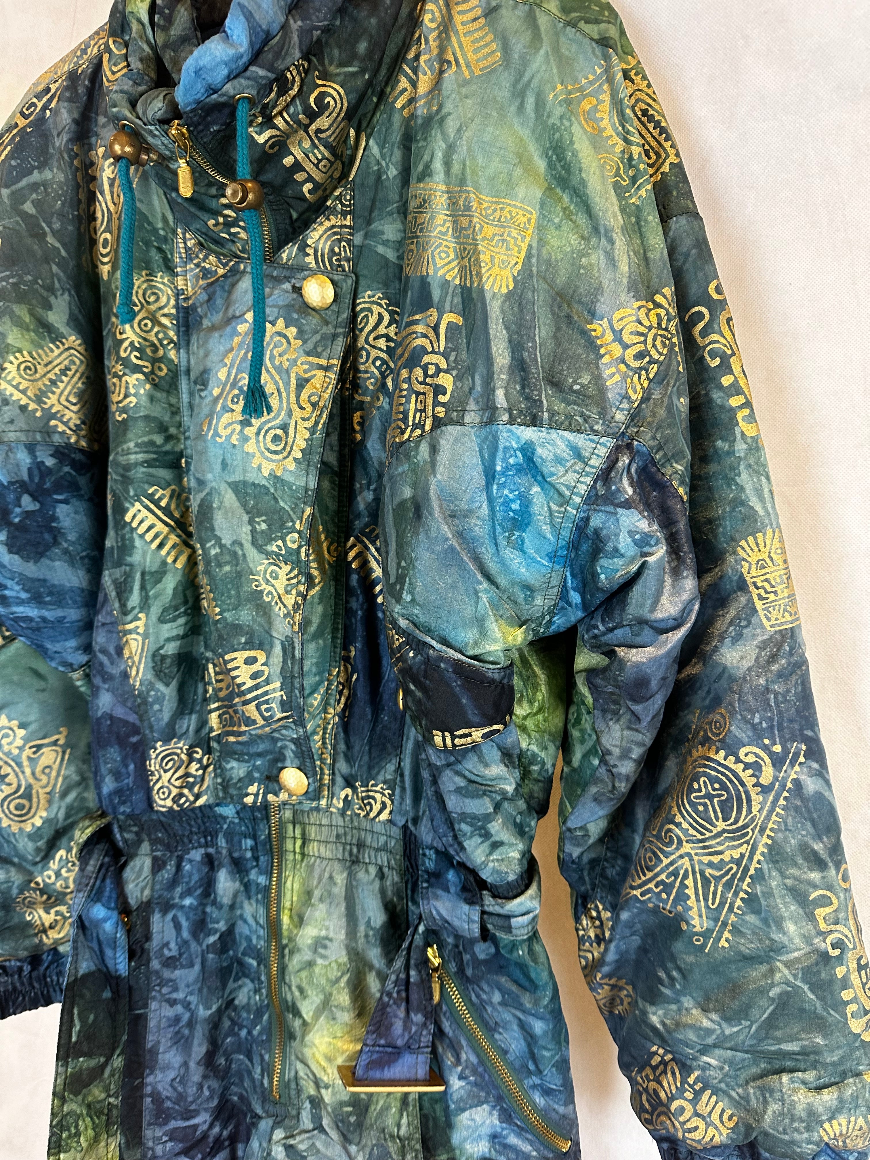 Vintage Skioverall von Dolominten in grün/blau mit Muster in S/M