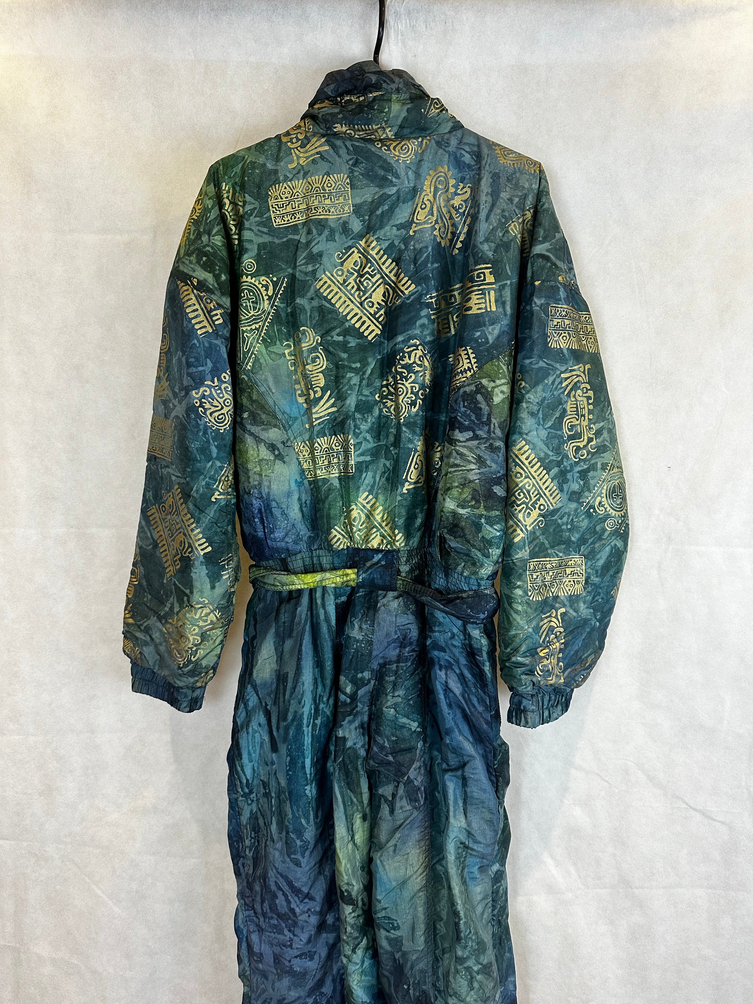 Vintage Skioverall von Dolominten in grün/blau mit Muster in S/M