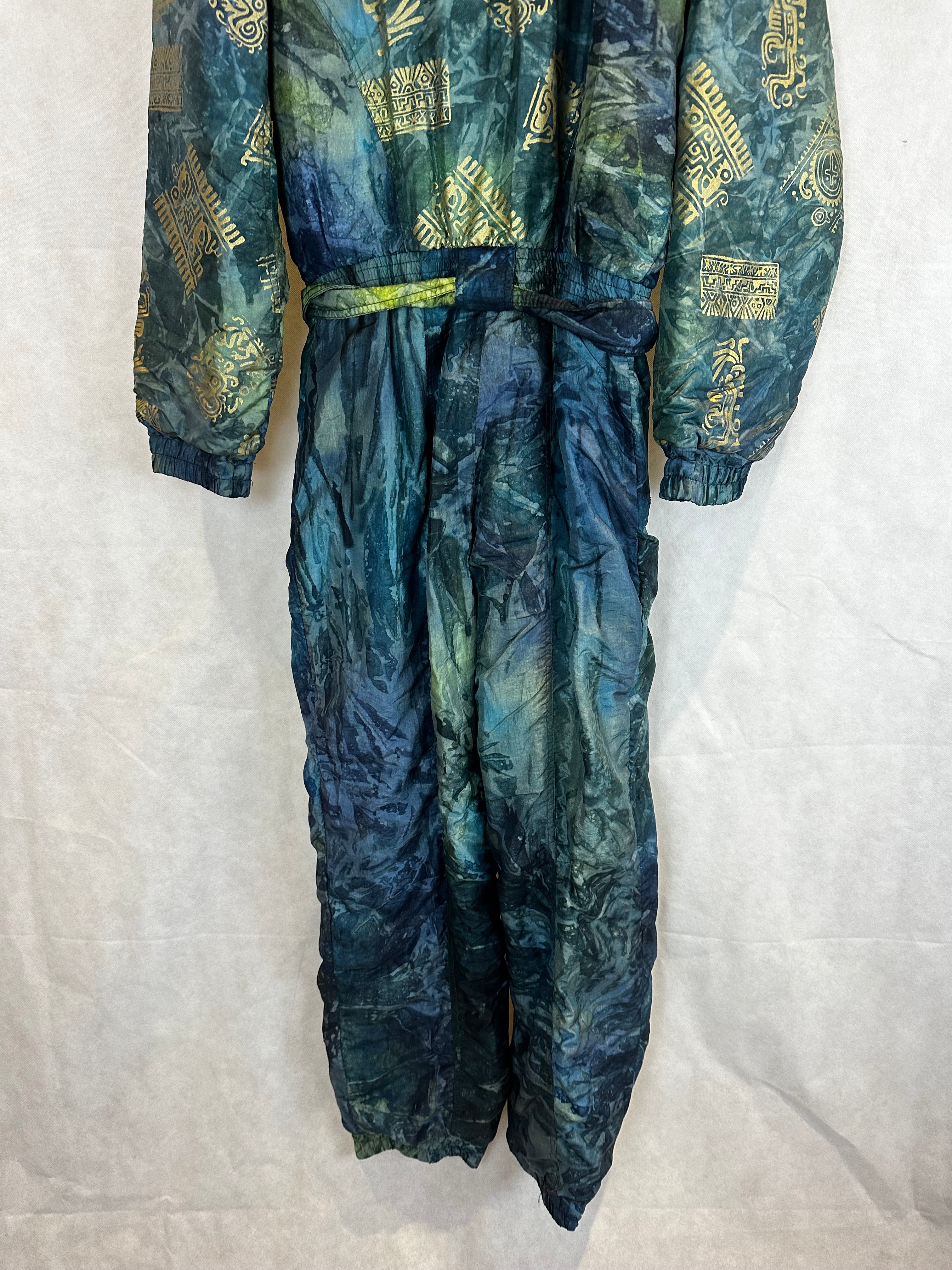 Vintage Skioverall von Dolominten in grün/blau mit Muster in S/M