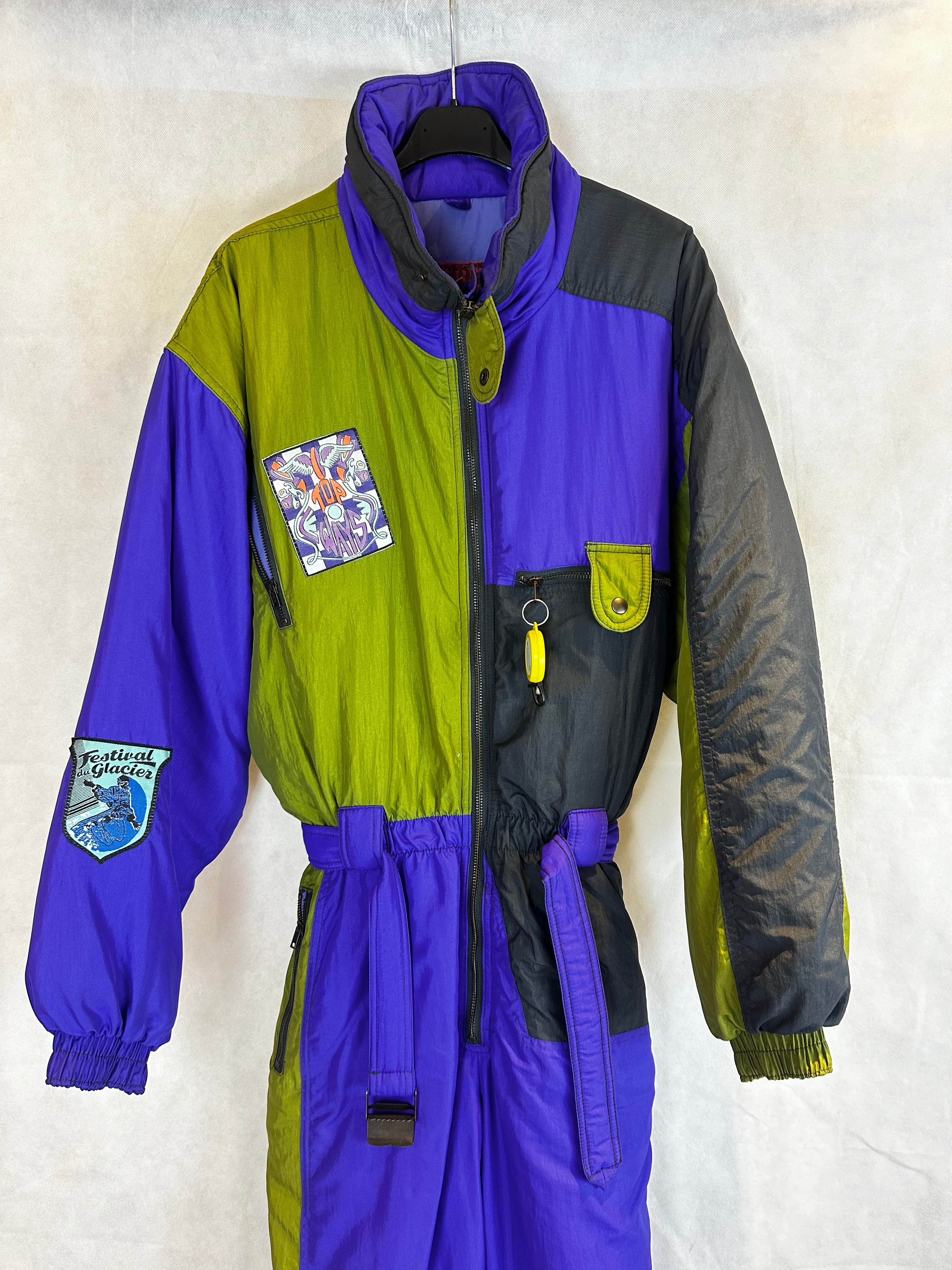 Vintage Skioverall in lila/grün i S/M