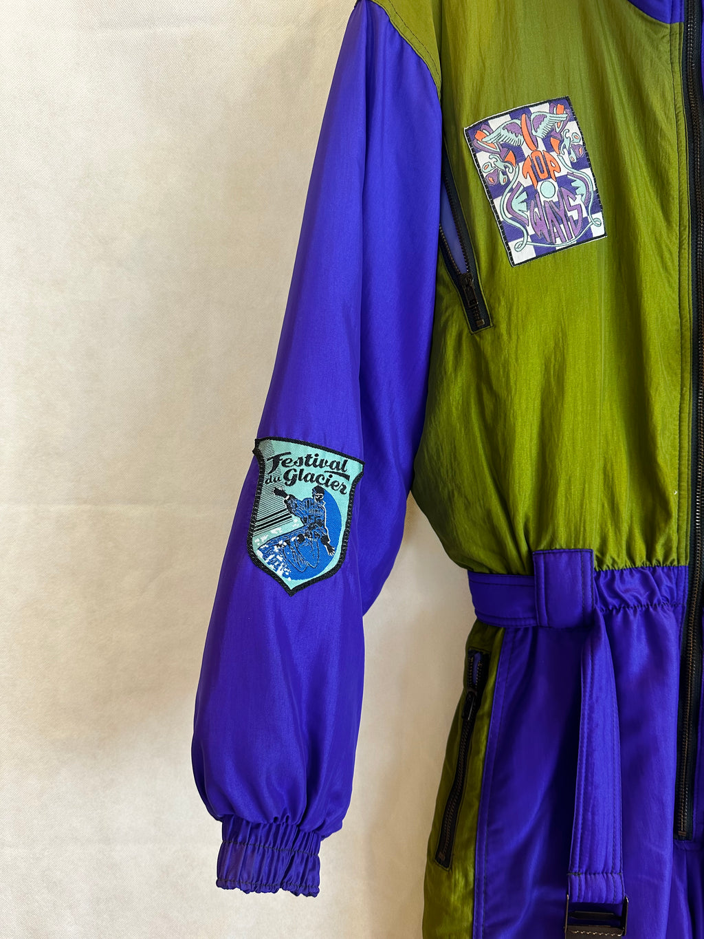 Vintage Skioverall in lila/grün i S/M