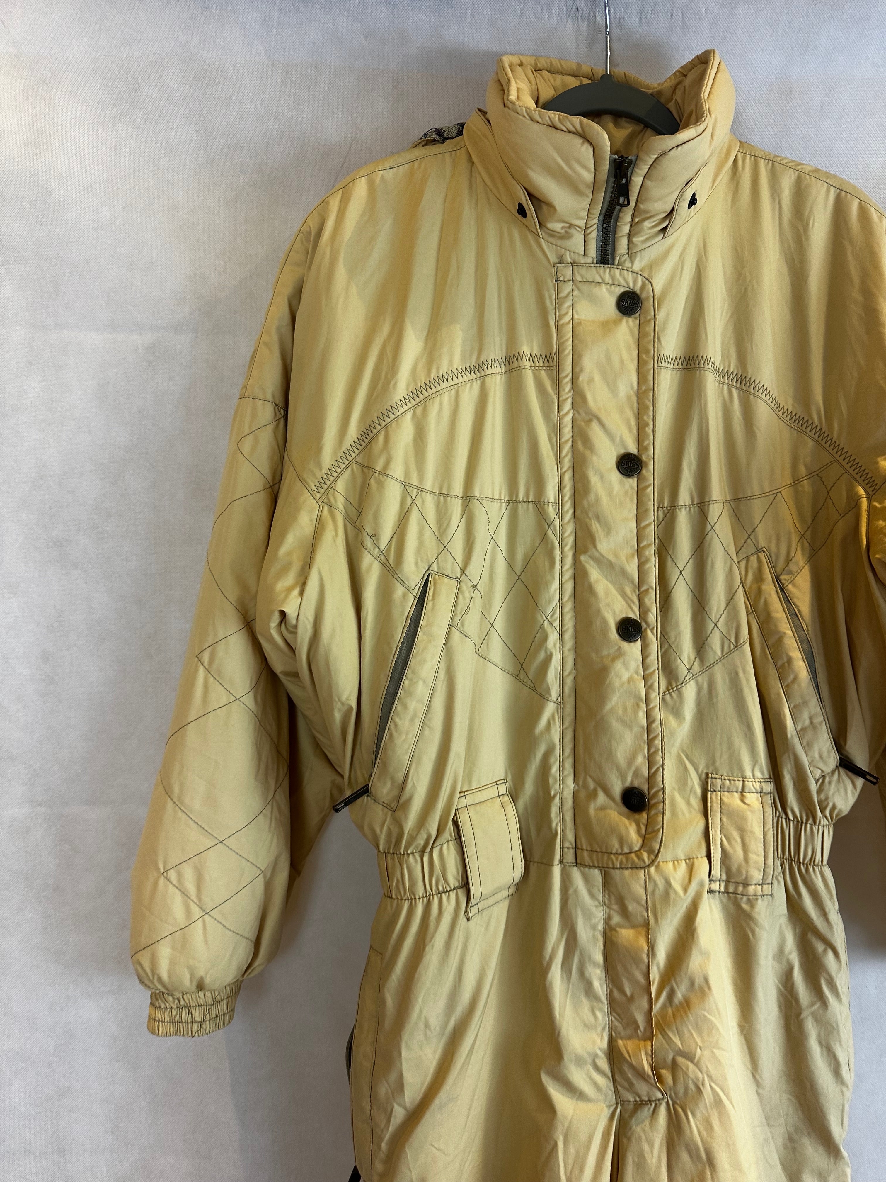 Vintage Skioverall in gelb mit Kaputze in S/M