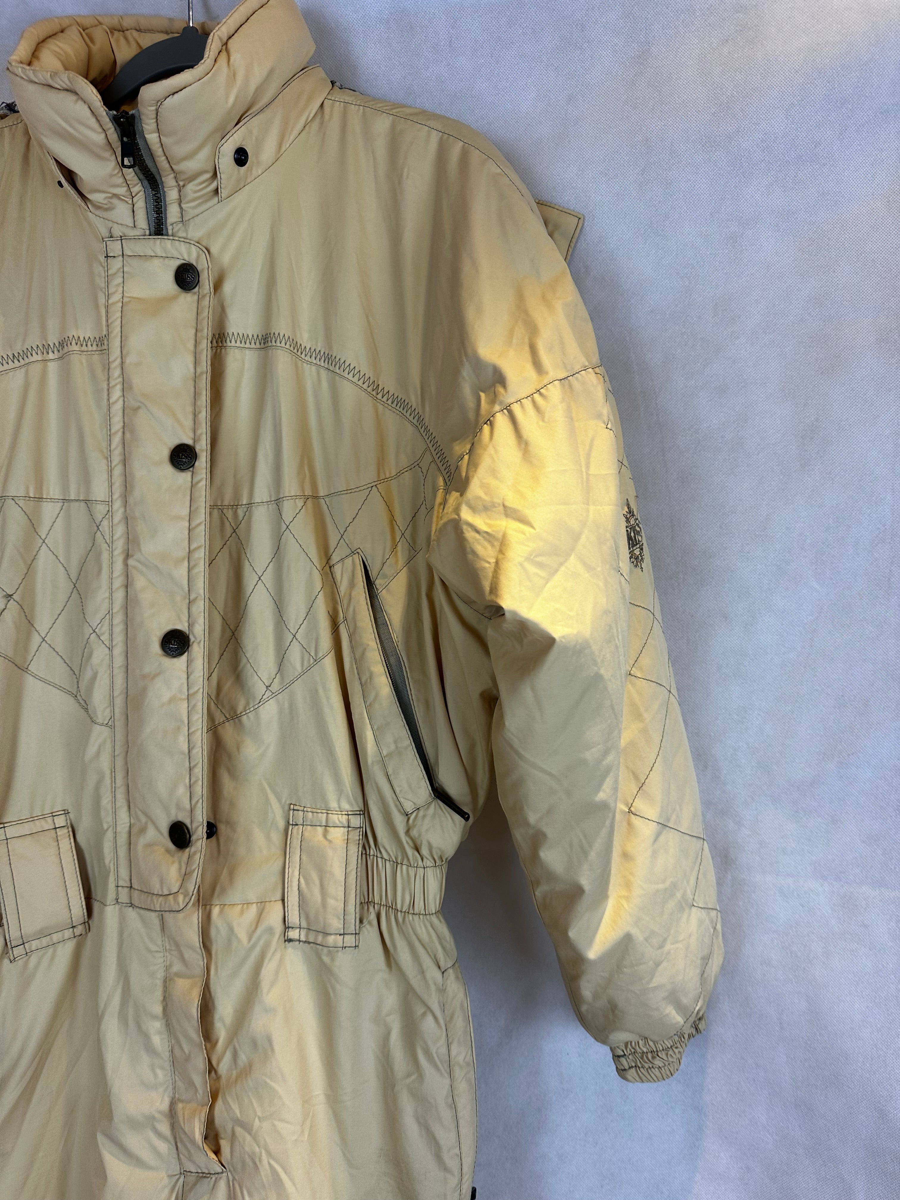 Vintage Skioverall in gelb mit Kaputze in S/M