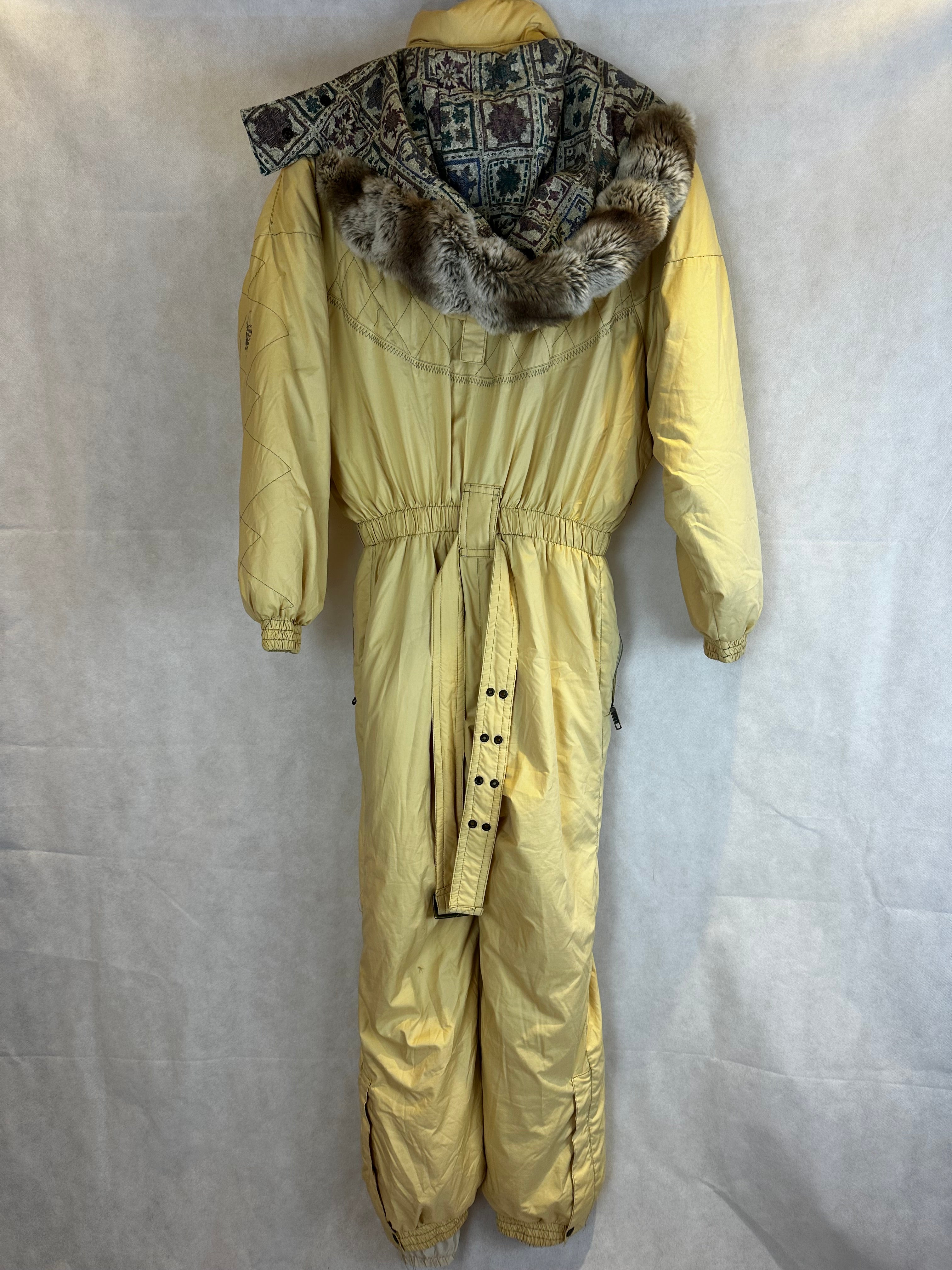 Vintage Skioverall in gelb mit Kaputze in S/M