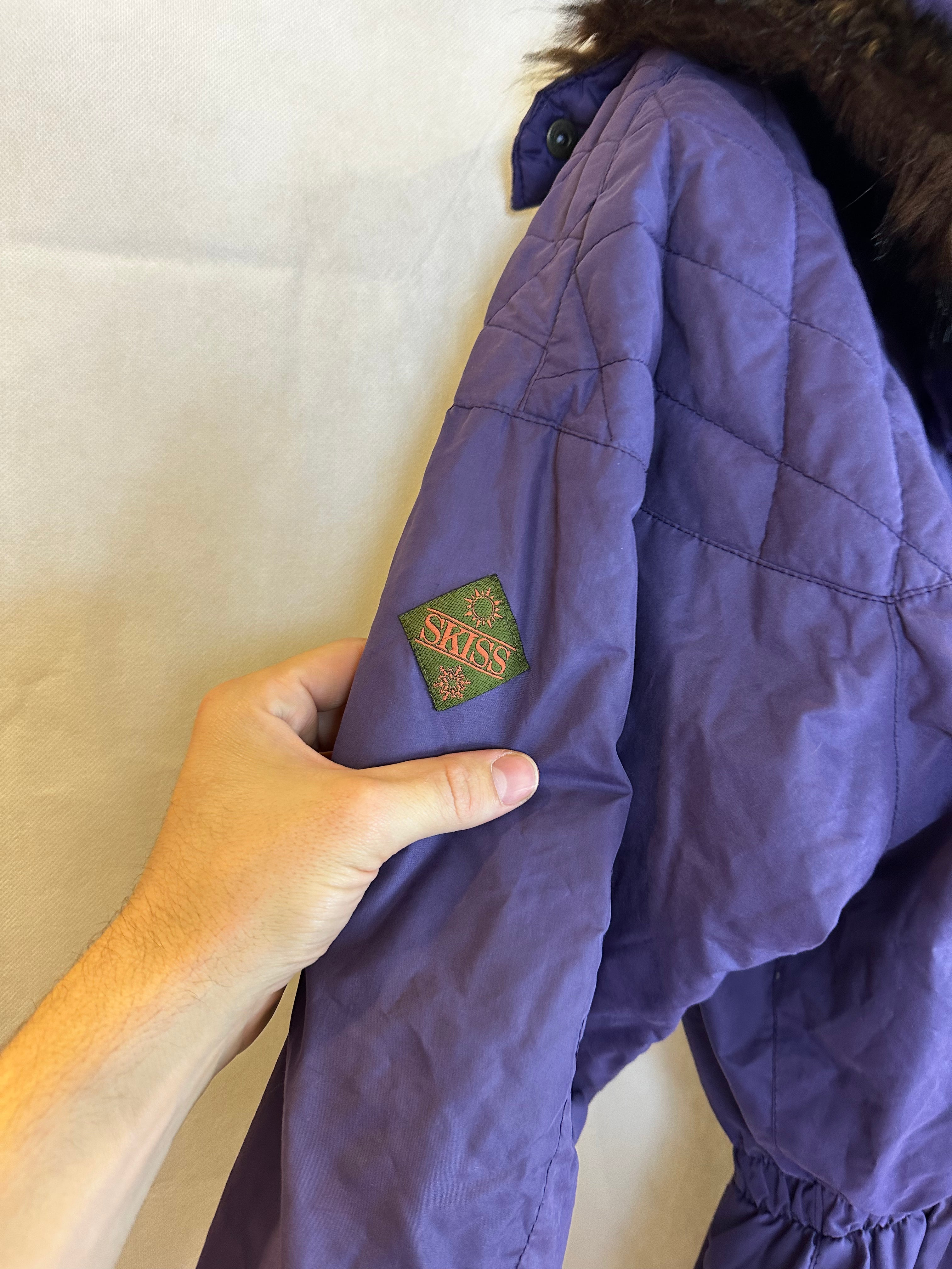 Vintage Skioverall  in lila mit fell an der kaputze