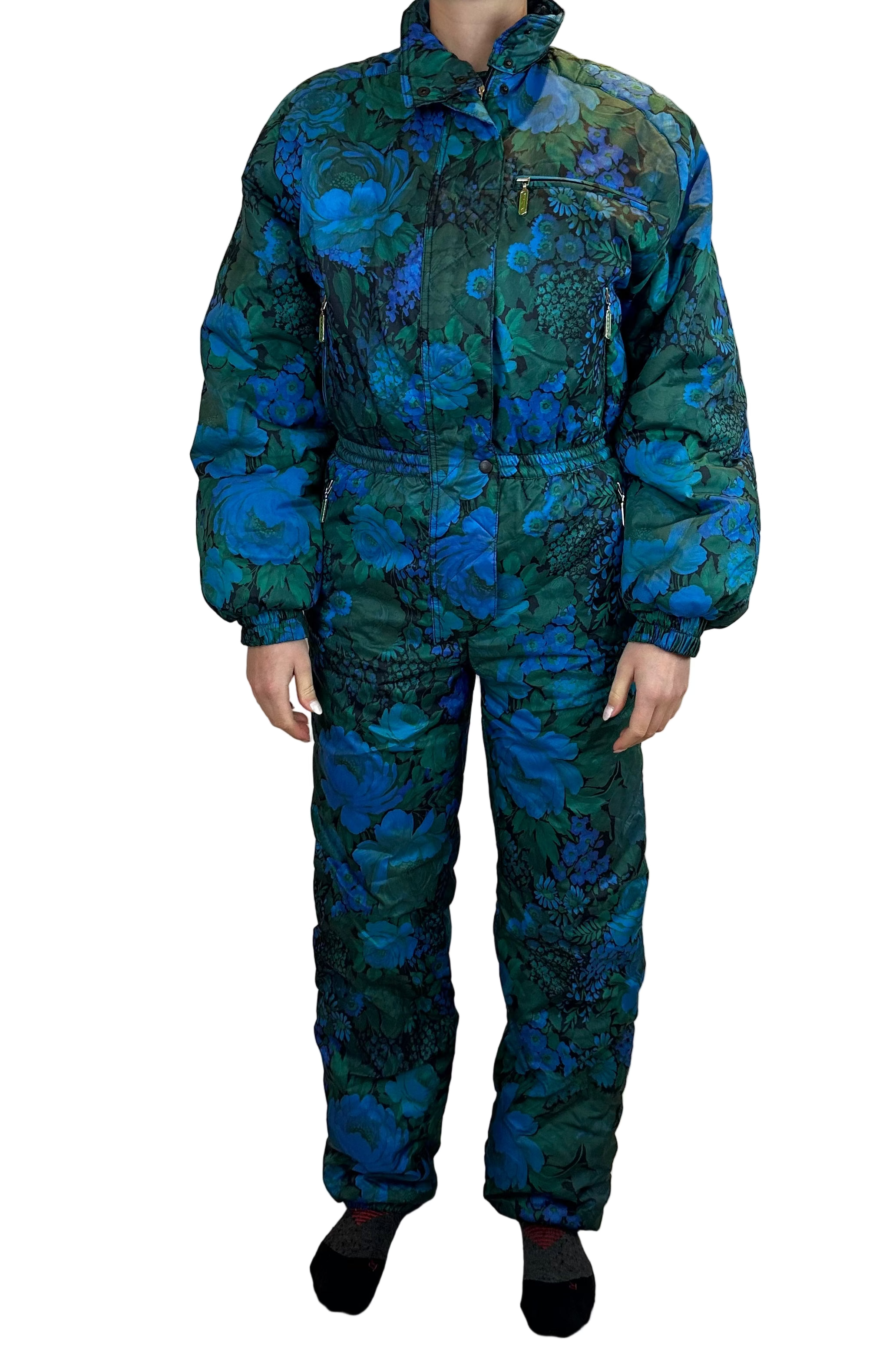 Vintage Skioverall von Dolominten in grün/blau mit Muster in S/M