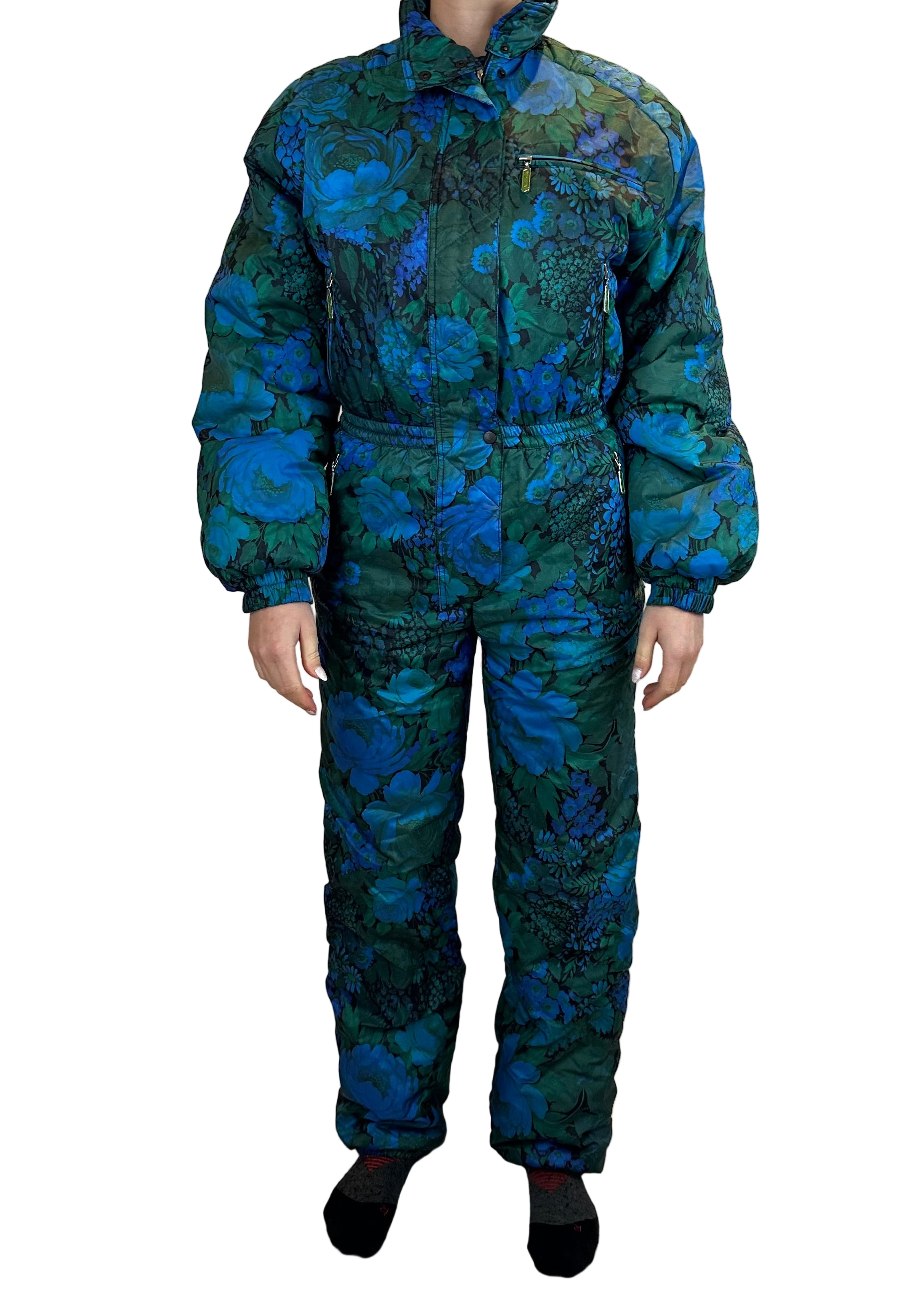 Vintage Skioverall von Dolominten in grün/blau mit Muster in S/M