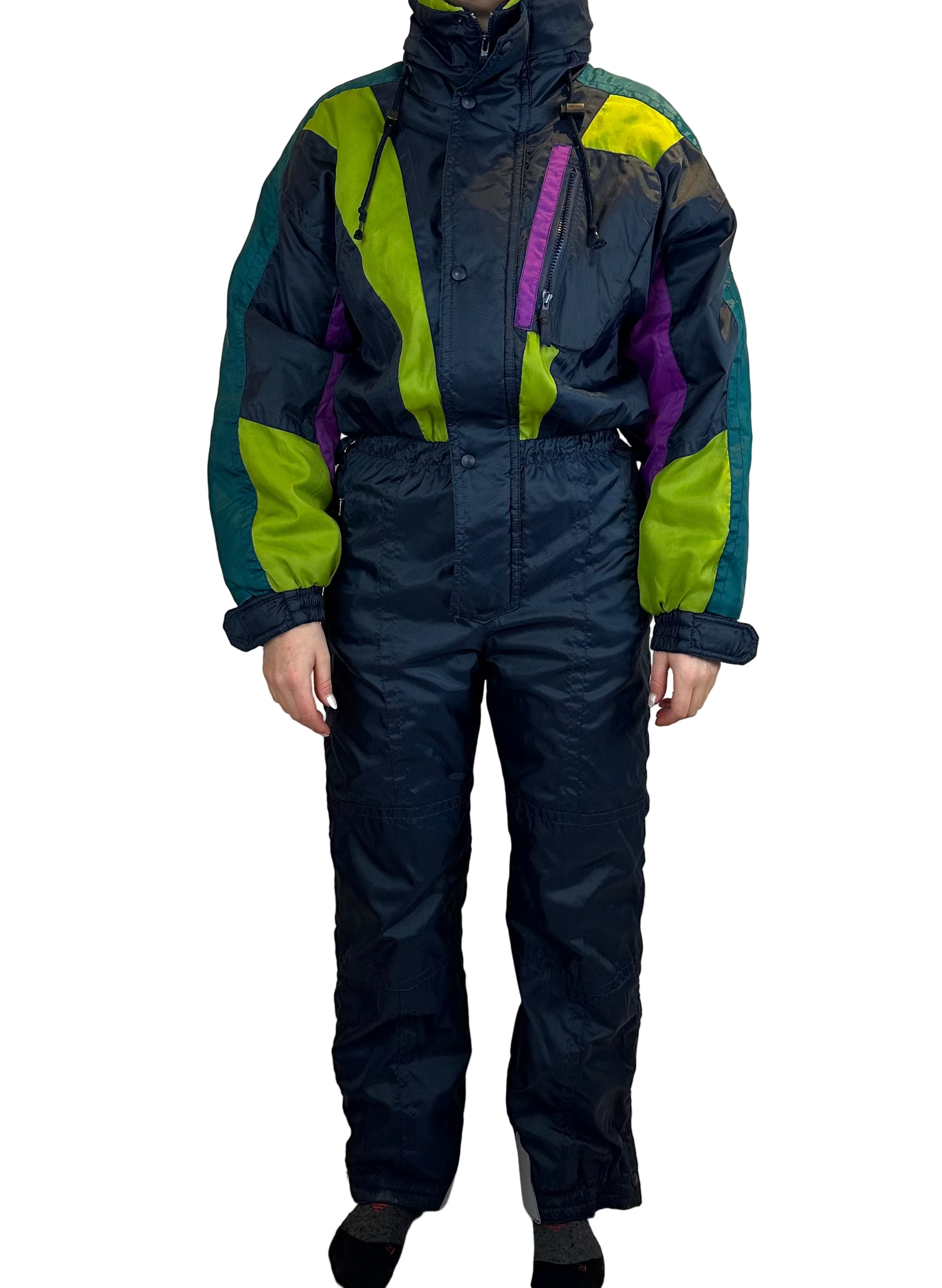 Vintage Skioverall in schwarz/bunt in S/M