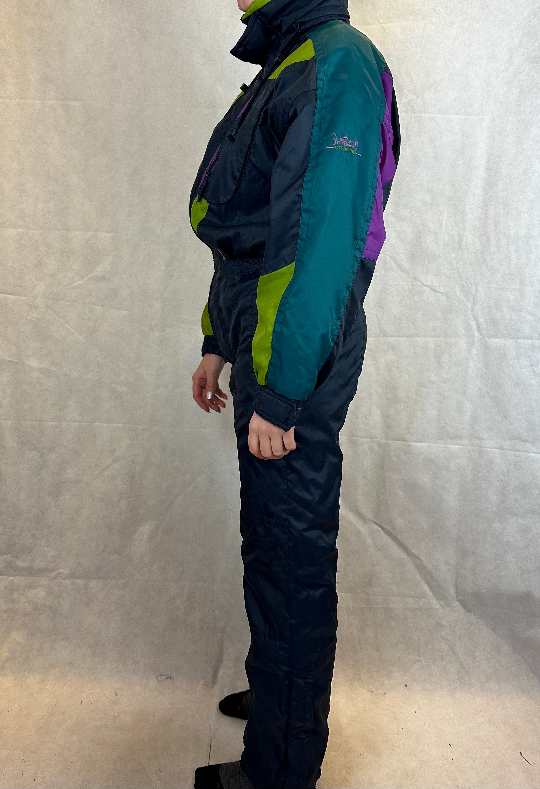 Vintage Skioverall in schwarz/bunt in S/M