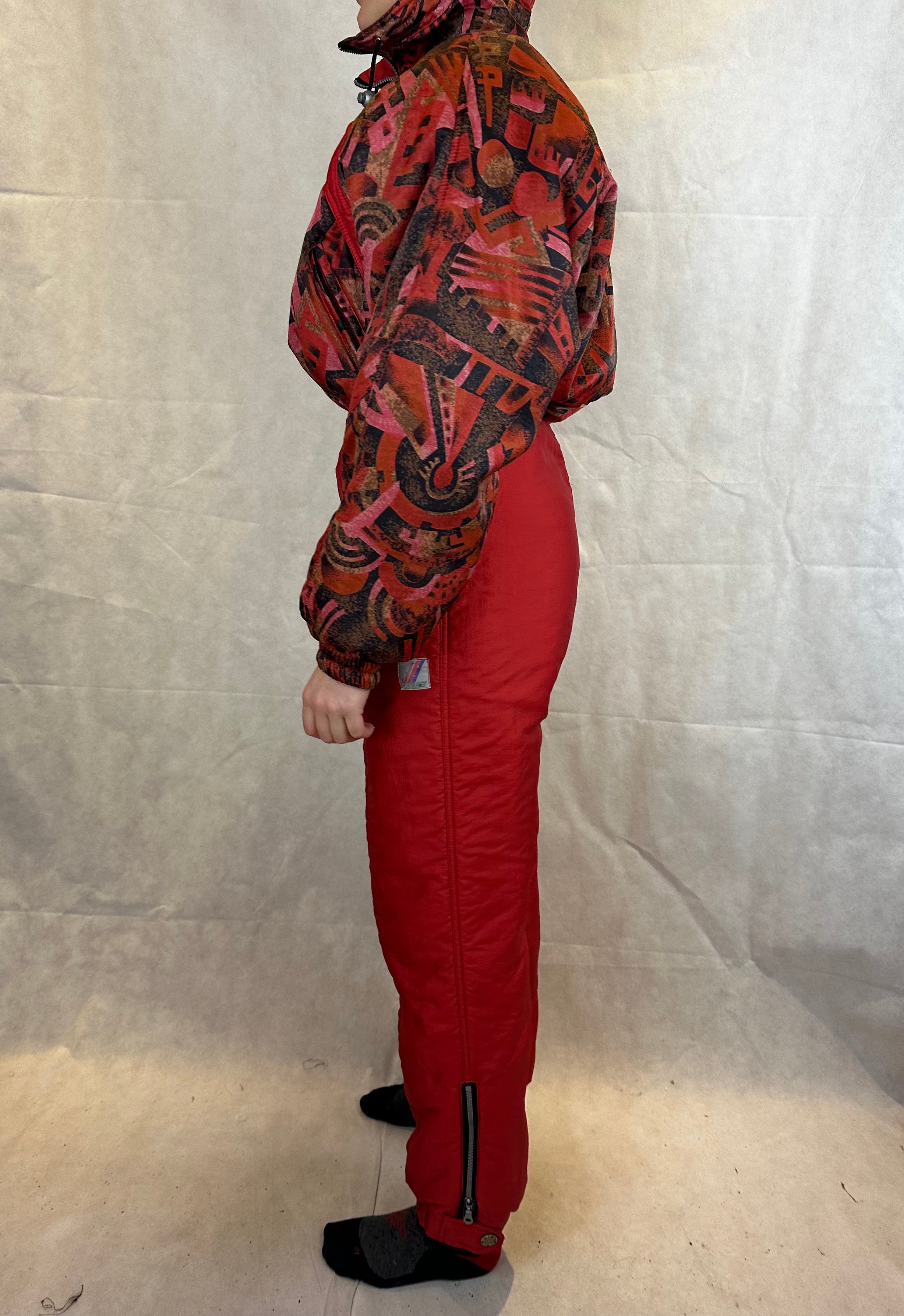 Vintage Skioverall in rot mit muster in M/S