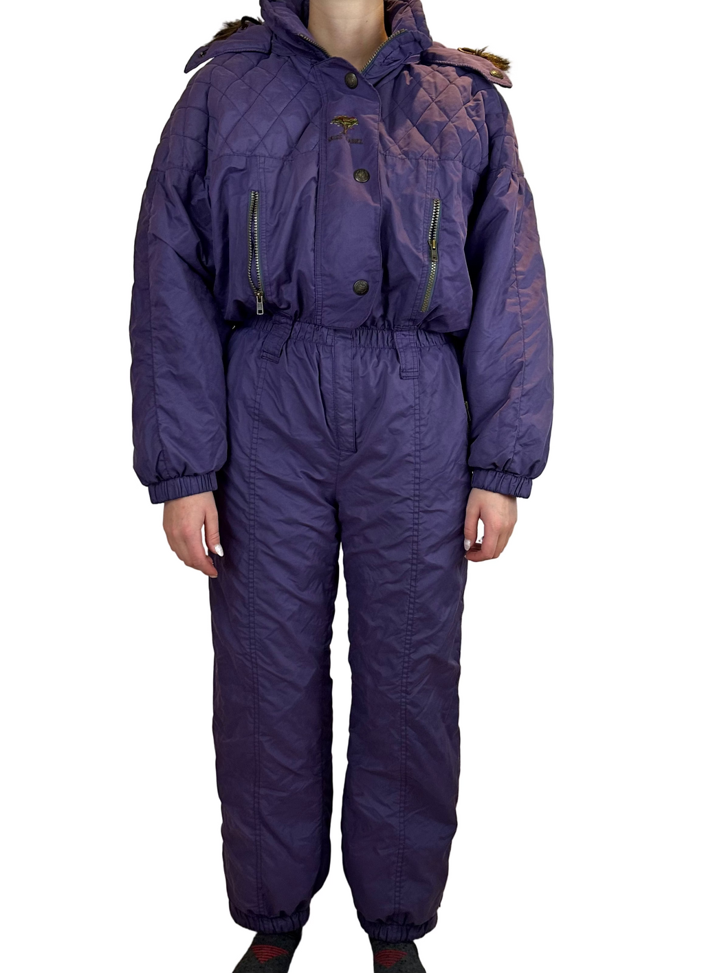 Vintage Skioverall  in lila mit fell an der kaputze