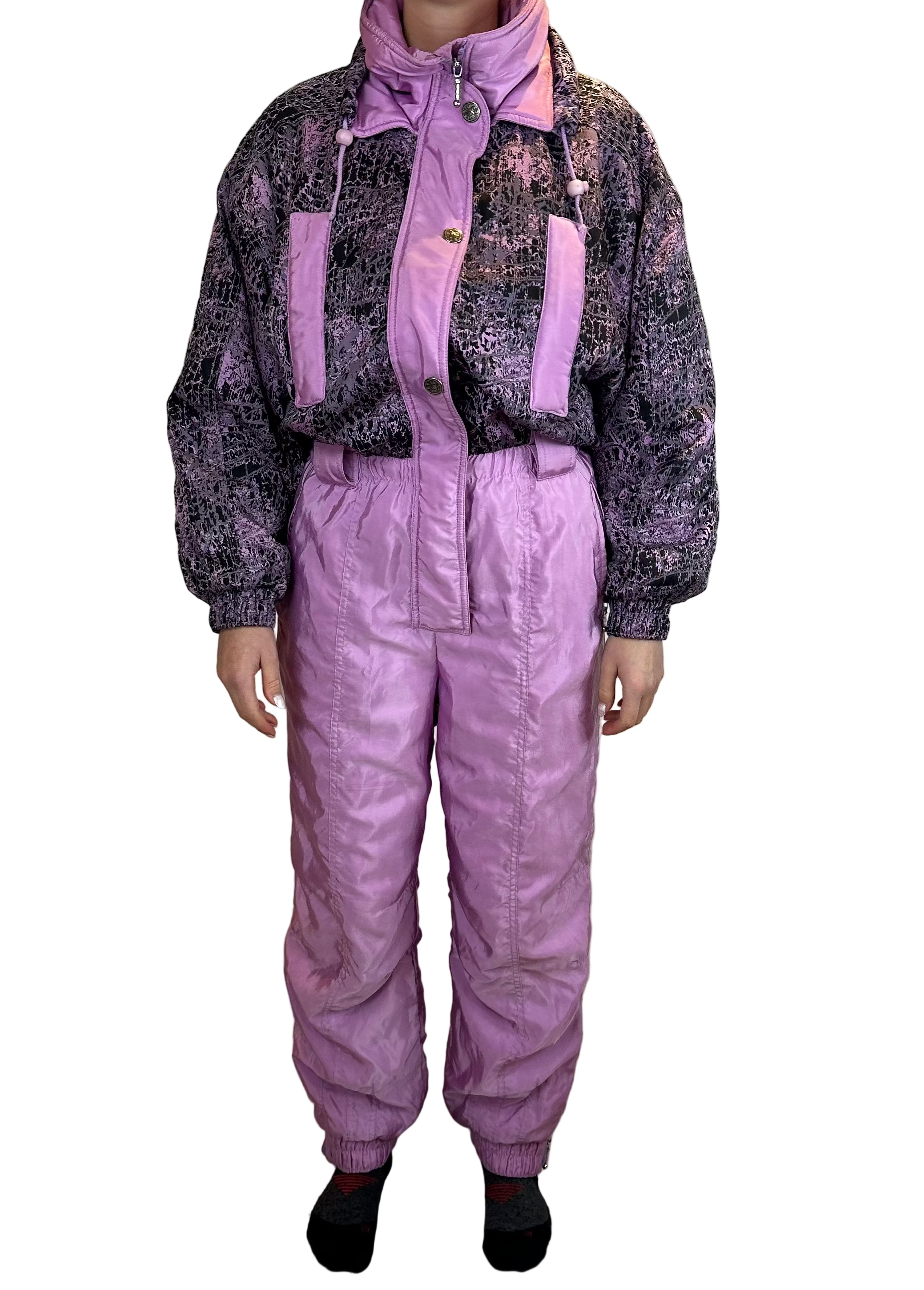 Vintage Skioverall in rosa/schwarz in S/M