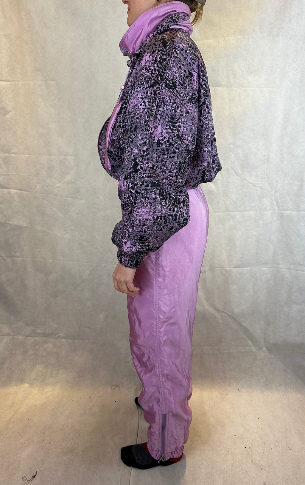 Vintage Skioverall in rosa/schwarz in S/M