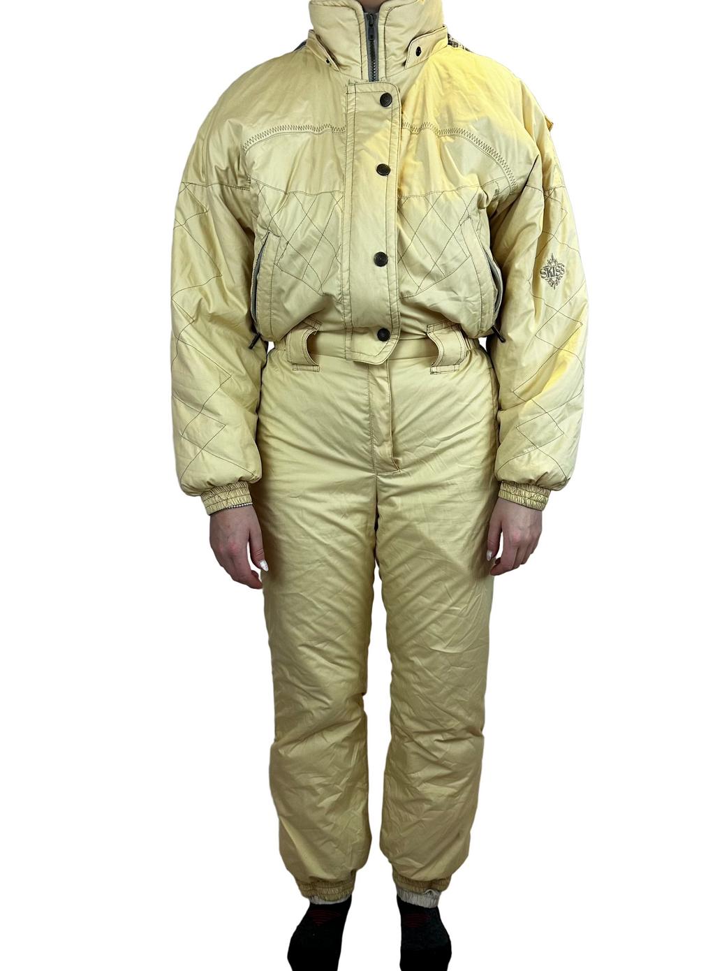 Vintage Skioverall in gelb mit Kaputze in S/M