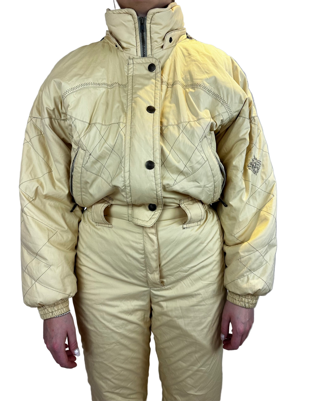 Vintage Skioverall in gelb mit Kaputze in S/M